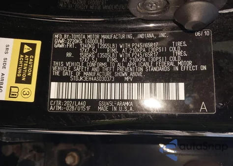 2010 Toyota Highlander Se V6 z USA, uszkodzony, nr VIN 5TDJK3EH4AS030373